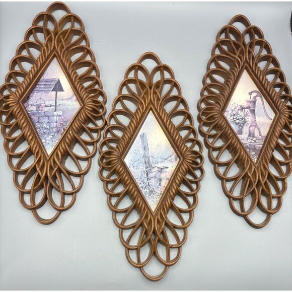 Set Of 3 Vtg Burwood Diamond Shaped Wicker Look Wall Art Rustic Farmhouse Scenes - Picture 1 of 12